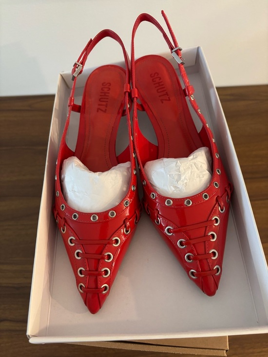 SCHUTZ Shoes - SCHUTZ Red Patent Slingback Pointed-Toe Kitten Heel with Eyelet Lace Detail